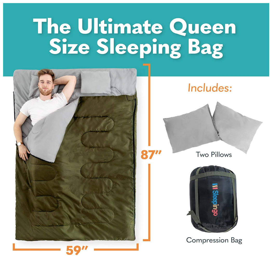 Sleepingo Double Sleeping Bags for Adults Backpacking, Camping, or Hiking - Waterproof Queen Sleeping Bags for Adults or Teens - Truck, Tent, Sleeping Pad